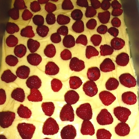 Spread your raspberries evenly over the batter...